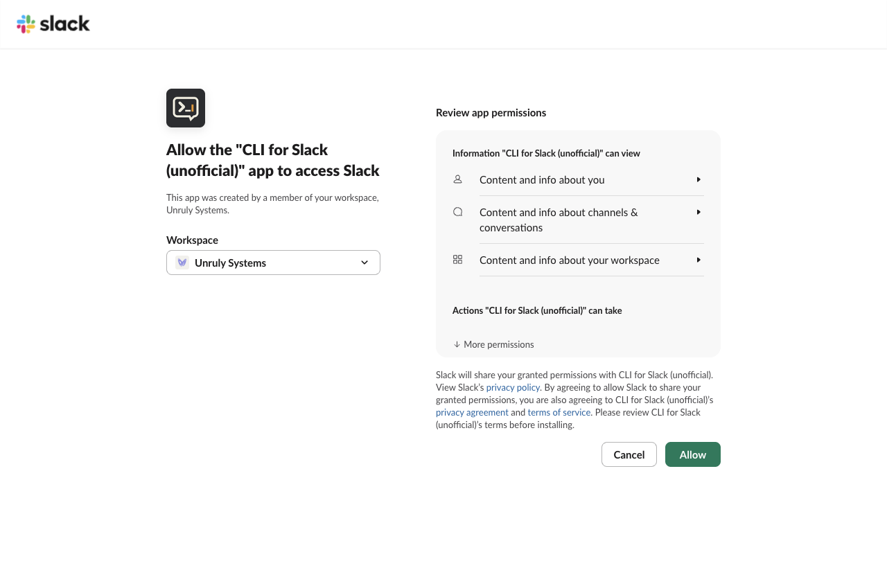Slack's page asking to allow CLI for Slack (unofficial) to access the Unruly Systems workspace, with Cancel and Allow buttons