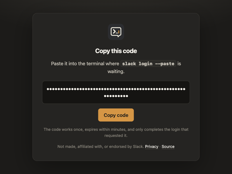 The sign-in page showing a masked code with a Copy code button
