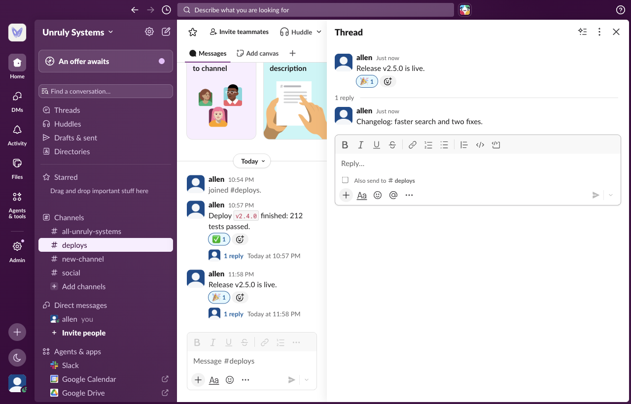 Slack showing the message Release v2.5.0 is live in #deploys with a tada reaction and the thread reply Changelog: faster search and two fixes